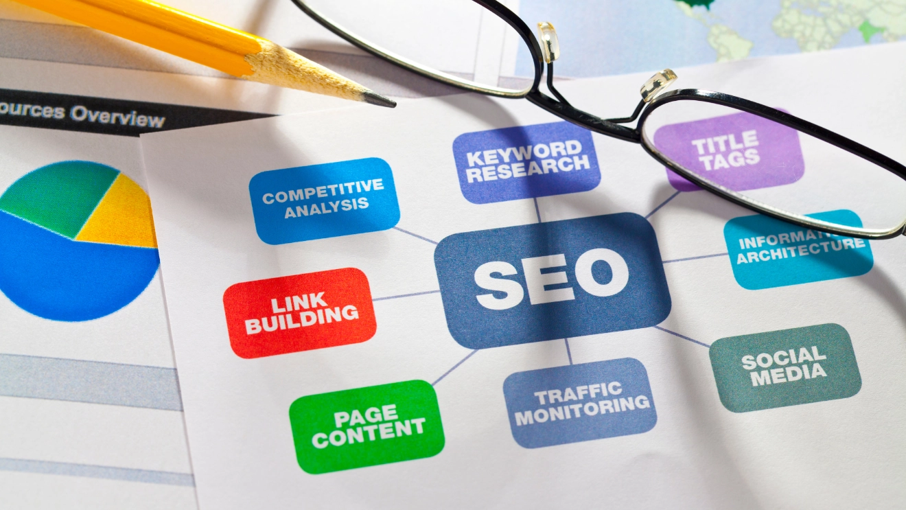 Diagram of local SEO components including keyword research, title tags, and link building